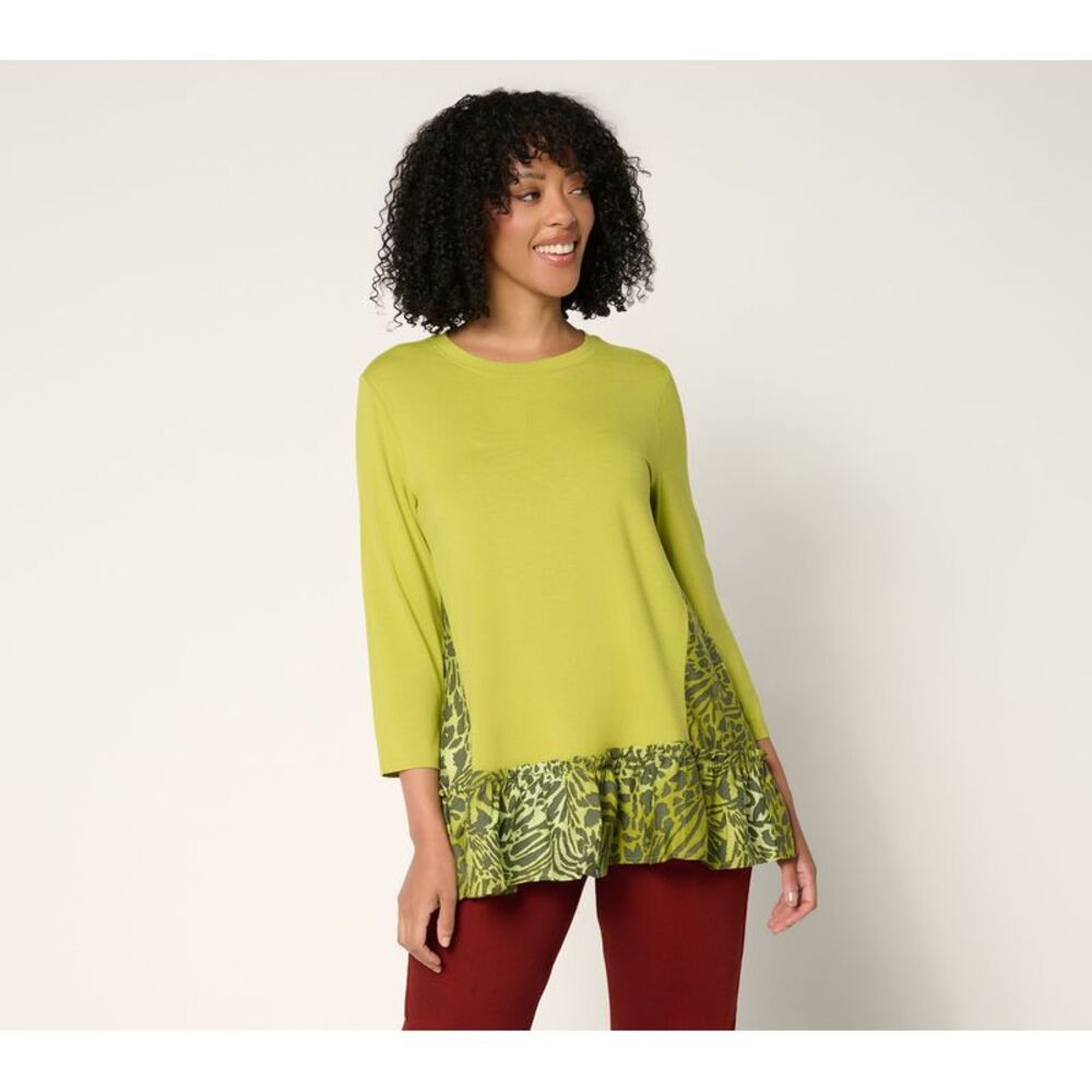 Liberare Women's Top Plus Sz 1X Mixed Media Ruffle Hem Green A708149